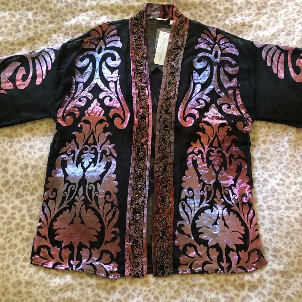 Soft Surroundings NWT Burnout Velvet Kimono Topper with Beaded Front L-XL